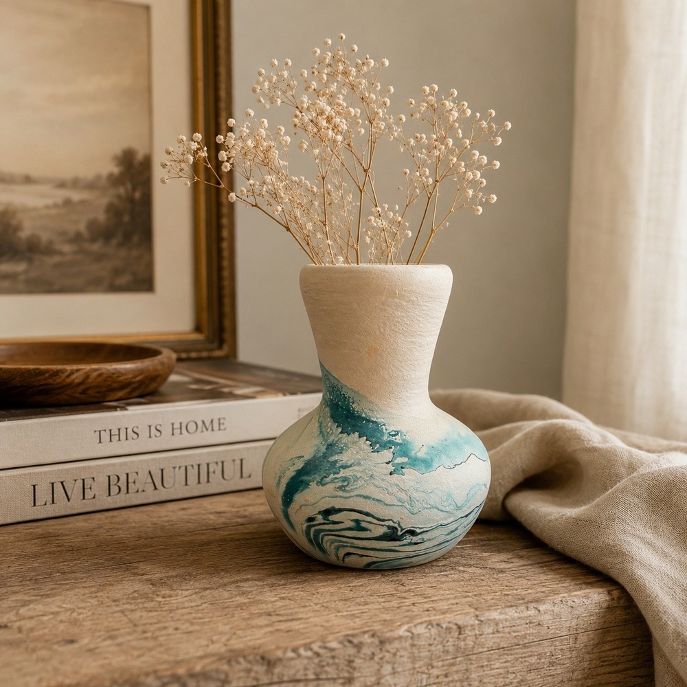 Vintage Nemadji Pottery Vase‎ Indian River Swirl Handmade USA Aqua Marble 4"